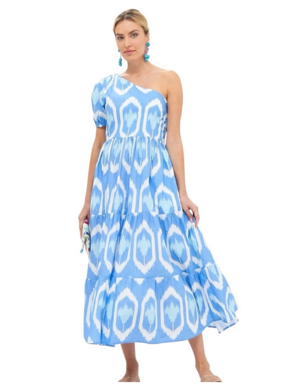 Oliphant One-Shoulder Blue Ikat Tiered Maxi Dress